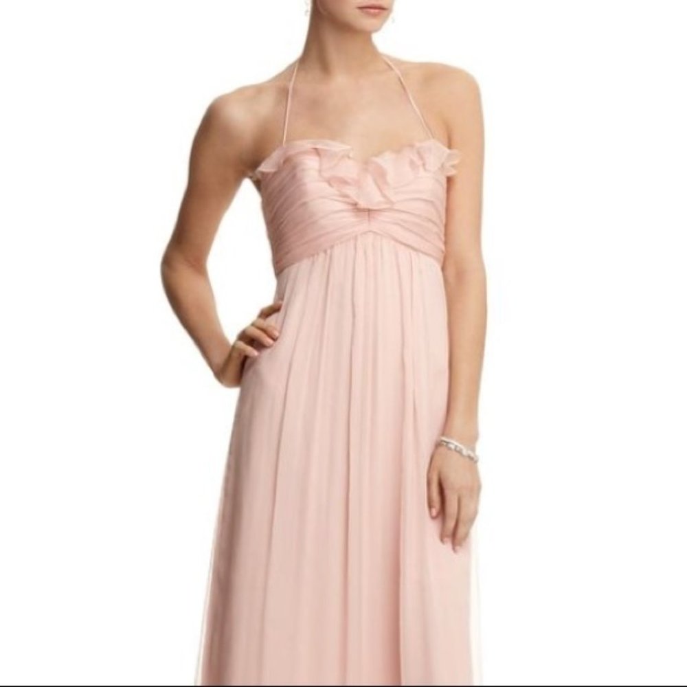 AMSALE pale pink blush silk chiffon ruffle halter floor length gown